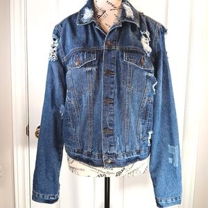 Almost Famous Distressed Denim Jean Jacket Coat Medium Wash Women's Size L